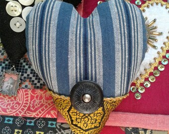 Denim blue Valentine heart ornament, vintage button heart, brocade heart keepsake, gift for him