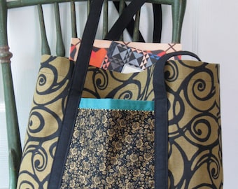 Knitting bag, craft bag, canvas tote, shoulder bag with black and gold spirals