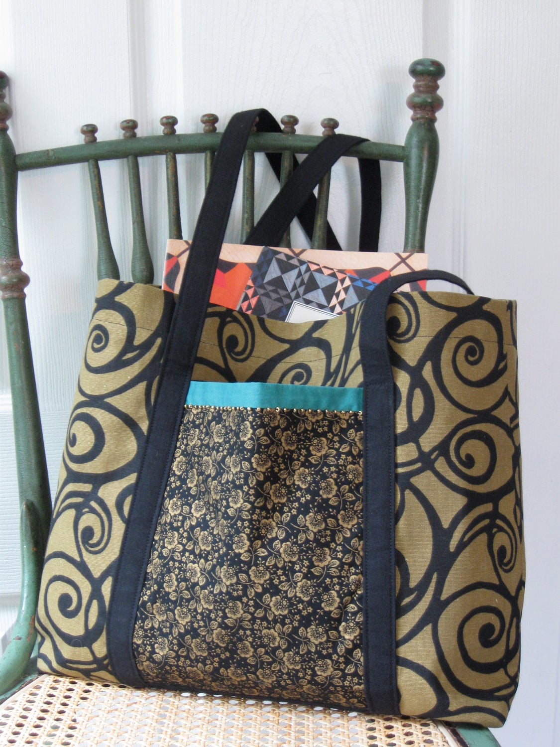 Knitting Bag, Craft Bag, Canvas Tote, Shoulder Bag With Black and Gold