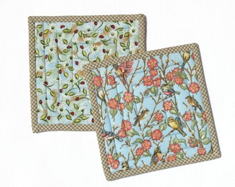 Quilted pot holders -set of two, spring garden print kitchen hot pads, lady bugs song birds kitchen linen