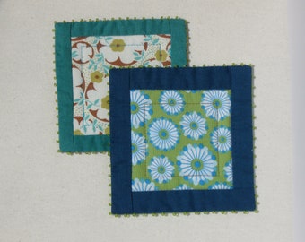Unique quilted coasters set with green and blue flowers, beaded coasters, absorbent fabric drink pads - set of 2, housewarming gift
