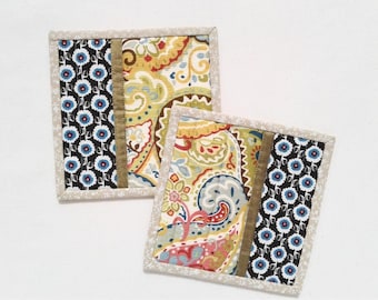 Paisley patchwork pot holders, flower and paisley bohemian patchwork, quilted trivets - set of two