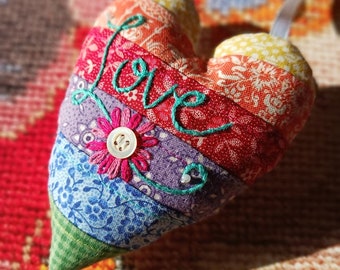 Rainbow flower heart ornament, love heart charm, embroidered fabric heart keepsake