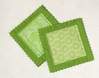 Green and white patchwork coasters, drinks pads, quilted mug rug, beaded coaster - set of two