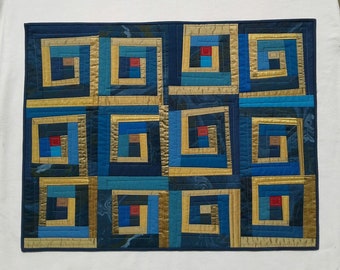 Modern blue and gold art quilt, fiber art wall hanging, mini wall quilt