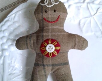 Embroidered gingerbread ornament, toasty brown plaid gingerbread man, Christmas gingerbread person