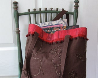 Brown linen tote or weekend carry all with red batik lining and red bead trim, embroidered craft bag, knitting bag