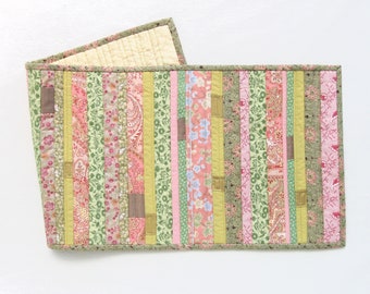 Pink and green Easter patchwork table runner, summer flowers quilted center piece, spring flower table topper