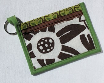 Brown and green floral wallet, coin purse with key chain, patchwork pouch, credit card wallet