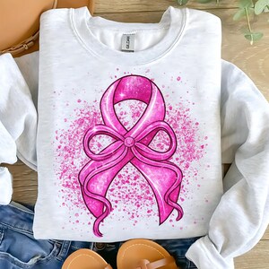 Pink Ribbon Breast Cancer Awareness PNG: Glitter Bow Graphic (Digital Download)