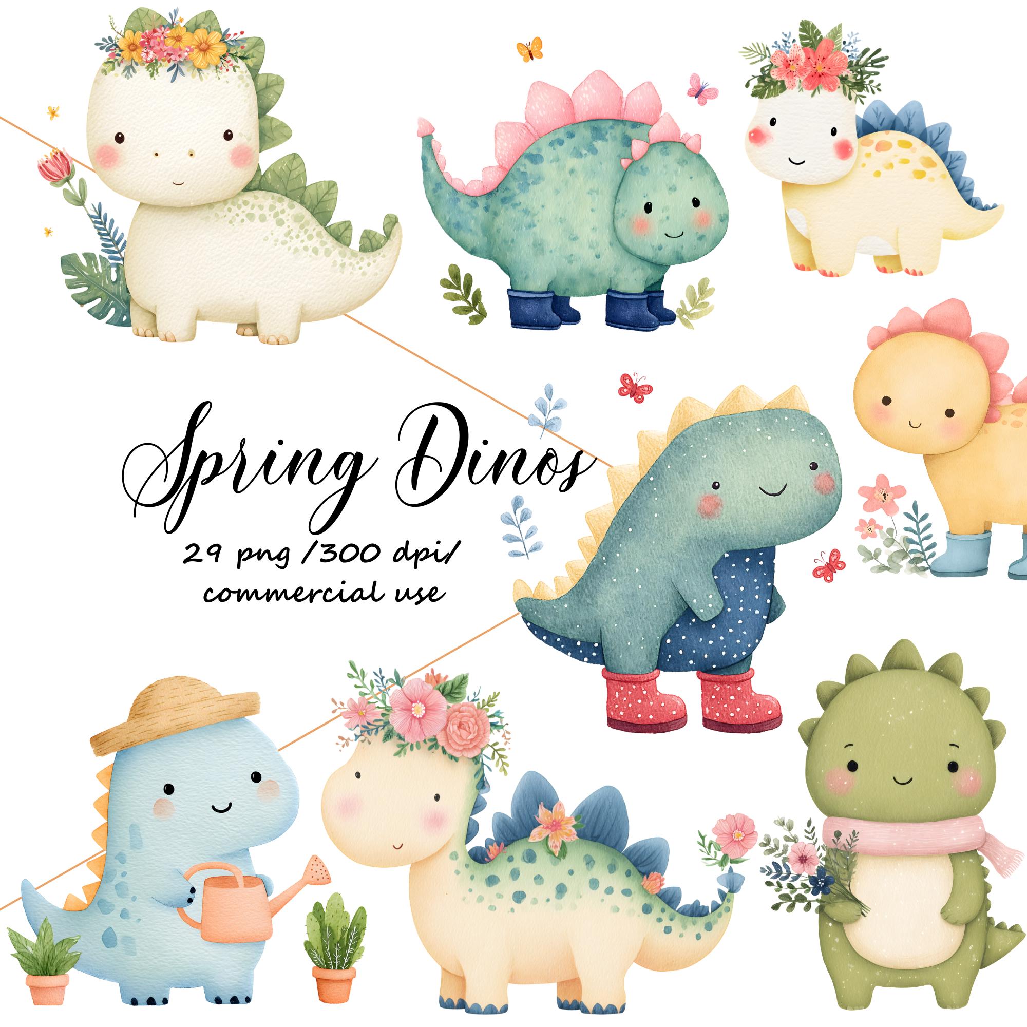 Spring Dinosaur Spring Dinosaur Clipart, Watercolor Dinosaurs Cliparts, Flower Dinos ...