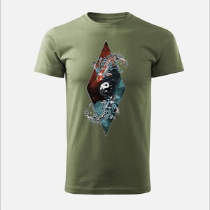 Unisex T-Shirt with Yin Yang Koi Fish Design, Artistic Japanese Style Graphic Tee, Zen Water Fire Balance Shirt, Casual Streetwear