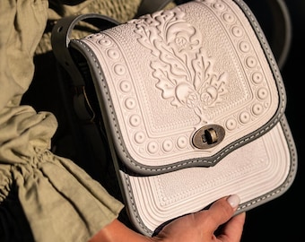 White Crossbody and Shoulder Bag,  Genuine Leather Embossed: Christmas Gifts For Mom
