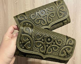 Handmade Leather Wallet With Green Embossing, Long Clutch With Print For Women, High Quality Genuine Leather Bag, Unique Gift For Her