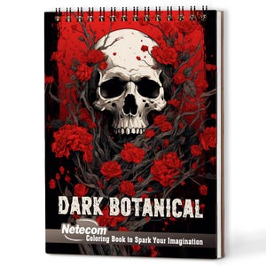 May include: A spiral-bound coloring book with a skull and red roses design. The cover features the text "DARK BOTANICAL" and "Coloring Book to Spark Your Imagination". The background is black and red.