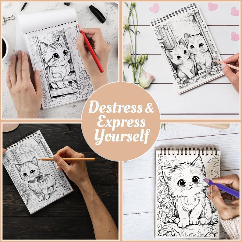 May include: A multi-panel image showcasing cat-themed coloring books. Each panel features a different drawing of a kitten, ready to be colored. The phrase "Destress & Express Yourself" is displayed in a circular graphic in the center.