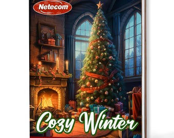 May include: A spiral-bound coloring book titled "Cozy Winter" featuring a detailed illustration of a decorated Christmas tree, a fireplace, and gifts. The cover includes the "Netecom" logo and the text "COLORING BOOK TO CREATE YOUR MASTERPIECE."