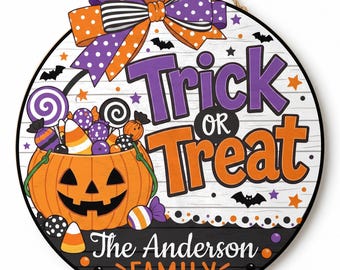 Personalized Halloween Door Sign, Custom Family Name Trick or Treat Wood Sign, Pumpkin Front Door Decor, Halloween Porch Sign
