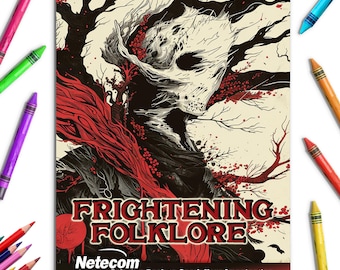 Può includere: Un libro da colorare a spirale intitolato "Frightening Folklore" con un'illustrazione in bianco, nero e rosso di una creatura. Il libro è circondato da pastelli colorati. È visibile anche il testo "Coloring Book to Spark Your Imagination".