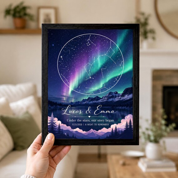 Two-layer laser-cut wood star map of any date and location — a genuinely sentimental, visually striking keepsake that's a step above the flat-print version.