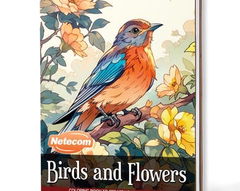 Può includere: Un libro da colorare a spirale intitolato "Birds and Flowers" presenta una vivace illustrazione di un uccello appollaiato su un ramo in mezzo ai fiori. L'uccello ha piume arancioni, blu e marroni. La copertina del libro include il logo "Netecom" e lo slogan "Libro da colorare per creare il tuo capolavoro."