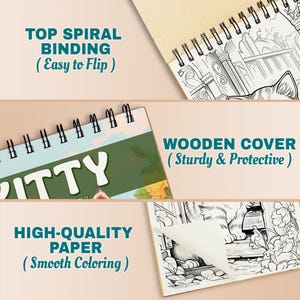 May include: A spiral-bound coloring book with a wooden cover. The book features high-quality paper for smooth coloring and easy-to-flip pages. The cover has the word "ITTY" and a floral design. The book is designed for coloring.