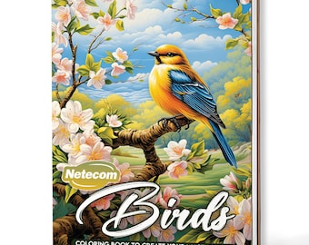 Può includere: Un libro da colorare a spirale intitolato "Birds" presenta una vivace illustrazione di un uccello giallo e blu appollaiato su un ramo con fiori rosa. Lo sfondo mostra un cielo blu e un paesaggio verde. La copertina include il testo "COLORING BOOK TO CREATE YOUR MASTERPIECE!"