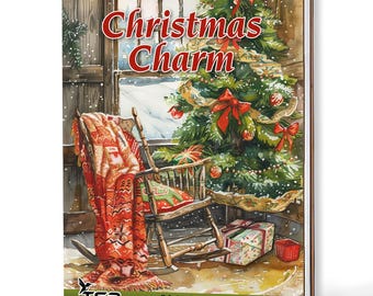 May include: A spiral-bound coloring book titled Christmas Charm featuring a watercolor illustration of a wooden rocking chair with a red patterned blanket, a decorated Christmas tree, and wrapped gifts in front of a snowy window scene.