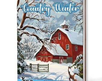 May include: A spiral-bound coloring book titled "Country Winter" featuring a winter scene with a red barn covered in snow. The image includes a snowy landscape, trees, and the text "Coloring Book to Bring You Relaxation".