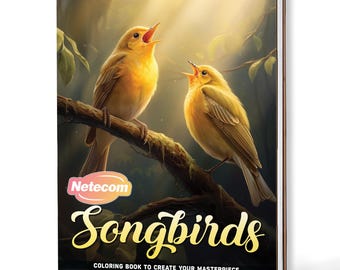 Può includere: Un libro da colorare a spirale intitolato "Songbirds" presenta una vivace illustrazione di due uccelli canori gialli appollaiati su un ramo. La copertina include il testo "LIBRO DA COLORARE PER CREARE IL TUO CAPOLAVORO" e un logo. L'opera d'arte ha uno stile realistico e pittorico.