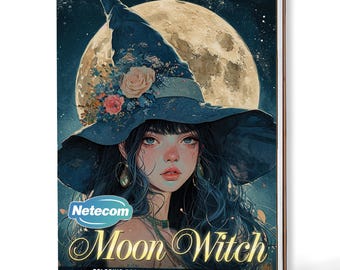 May include: A spiral-bound coloring book featuring a fantasy illustration of a woman with long dark hair and a large blue witch hat adorned with flowers. The book cover displays the text "Moon Witch" and "Coloring Book to Create Your Masterpiece."