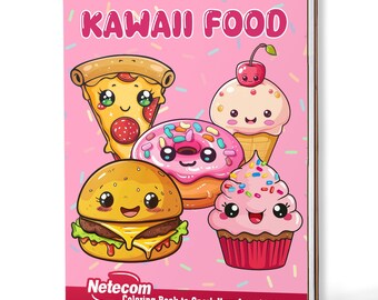 May include: A spiral-bound coloring book with a pink cover featuring the words "KAWAII FOOD" in pink. The cover displays cartoon illustrations of a pizza slice, donut, ice cream cone, cupcake, and hamburger. The book's title is "Coloring Book to Spark Your Imagination."