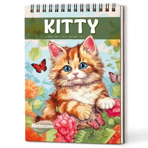 May include: A spiral-bound coloring book titled "KITTY" features a detailed illustration of a fluffy orange tabby cat with blue eyes, surrounded by flowers and butterflies. The cover includes the text "COLORING BOOK TO CREATE YOUR MASTERPIECE" and the brand name "Netecom".