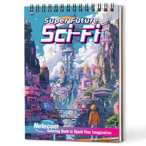 May include: Spiral-bound coloring book with a futuristic cityscape illustration. The cover features the text "Super Future Sci-Fi" in a vibrant, eye-catching design. The image showcases a colorful, detailed scene of a futuristic city with various buildings and structures.