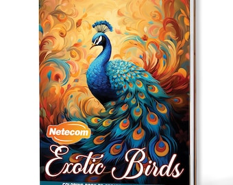 Può includere: Un libro da colorare rilegato a spirale intitolato "Exotic Birds" presenta una vivace illustrazione di un pavone. Il pavone è reso in tonalità di blu, verde acqua e arancione, con intricati dettagli delle piume. La copertina include anche il logo "Netecom" e lo slogan "Libro da colorare per creare il tuo capolavoro."