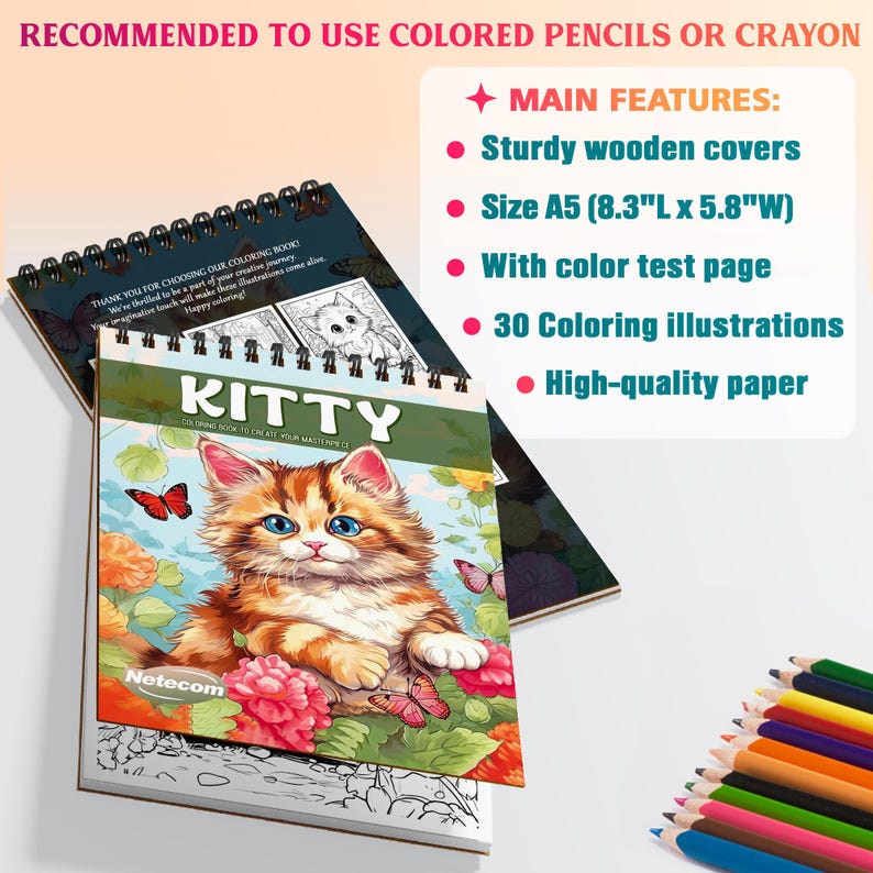 May include: A spiral-bound coloring book titled "KITTY" featuring a colorful illustration of a kitten with blue eyes, surrounded by flowers and butterflies. The book is A5 size (8.3"L x 5.8"W) with sturdy wooden covers, a color test page, 30 illustrations, and high-quality paper. Colored pencils or crayons are recommended.