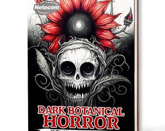 Può includere: Libro da colorare a spirale con copertina nera. Presenta un'illustrazione dettagliata di un teschio con un fiore rosso e il testo "DARK BOTANICAL HORROR". Il libro è per creare arte.