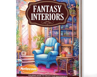Fantasy Interiors Coloring Book for Adults – A5 Wooden Hardcover, A4 Paper Hardcover, 30 Magical Room & Design Illustrations, Relaxing Gift