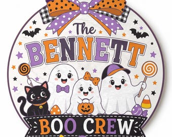 Personalized Halloween Door Sign, Custom Family Name Boo Crew Wood Sign, Cute Ghost Front Door Decor, Halloween Porch Sign