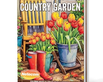 May include: A spiral-bound coloring book titled "Country Garden" featuring a watercolor illustration of a garden scene. The image includes red and yellow tulips in blue buckets, red rain boots, and a yellow wooden chair.
