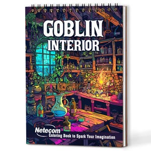 May include: A spiral-bound coloring book titled "GOBLIN INTERIOR" with a colorful illustration of a goblin's workshop. The image features a wooden table, shelves filled with bottles, a window, and a fireplace. The text "Coloring Book to Spark Your Imagination" is also visible.