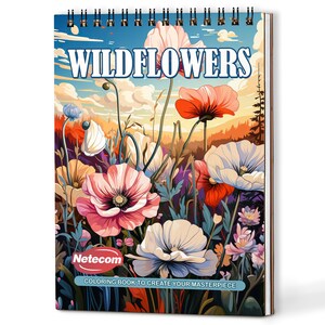 May include: A spiral-bound coloring book featuring a vibrant illustration of wildflowers in a field. The cover displays the word "WILDFLOWERS" in large, stylized letters. The image includes various flowers in shades of pink, red, white, and yellow, with a sunset background.
