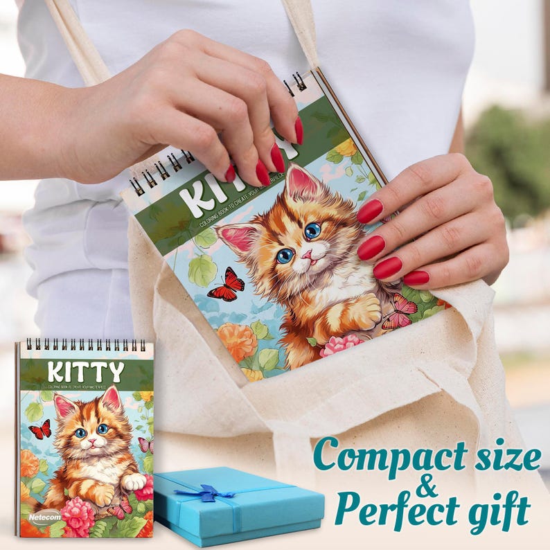 May include: A spiral-bound coloring book titled "Kitty" featuring a detailed illustration of a ginger kitten with blue eyes and butterflies. The image also shows a blue gift box with a ribbon and the text "Compact size & Perfect gift."
