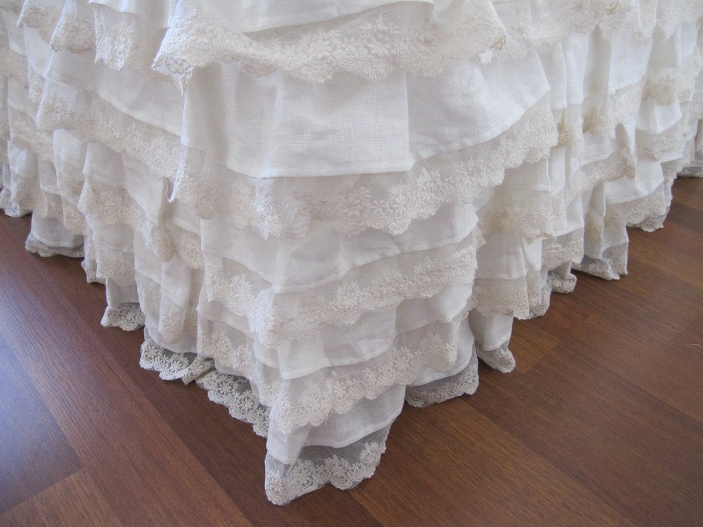 Linen bed skirt Ivory lace waterfall ruffled beddingbedskirt Etsy