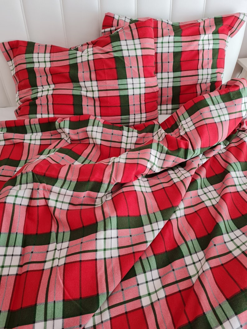 Plaid flannel bedding duvet cover set-Christmas theme decor-Xmas gifts-Red green white plaid duvet cover queen.Super King custom bedding image 4