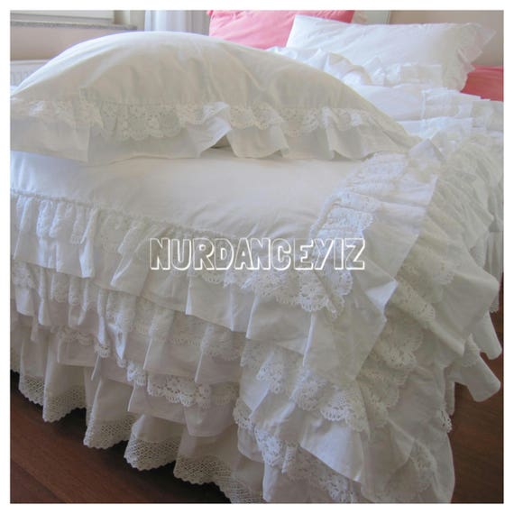 Full Queen King Ruffle Duvet Cover White Ivory 3 Rows Cotton Etsy