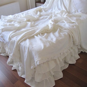 Shabby chic Ruffle bedding-Solid White ivory pink gray linen throw-TwinXL Queen King bedspread,coverlet summer blanket,bed cover Nurdanceyiz