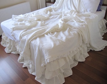 Shabby chic Ruffle bedding-Solid White ivory pink gray linen throw-TwinXL Queen King bedspread,coverlet summer blanket,bed cover Nurdanceyiz