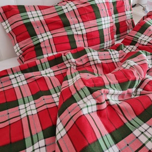 Plaid flannel bedding duvet cover set-Christmas theme decor-Xmas gifts-Red green white plaid duvet cover queen.Super King custom bedding Red plaid