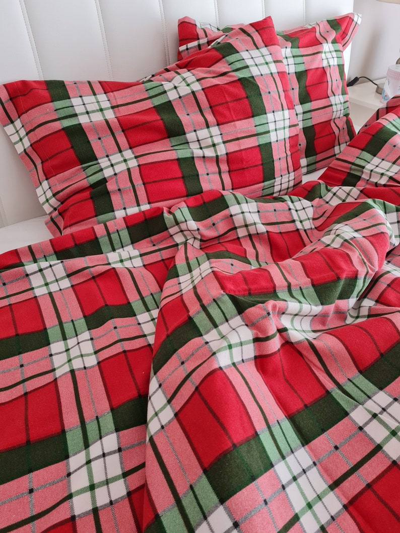 Plaid flannel bedding duvet cover set-Christmas theme decor-Xmas gifts-Red green white plaid duvet cover queen.Super King custom bedding Red plaid